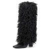 Aachool Women's Black Shaggy Fur Knee High Boots | Square Toe Block Heel Boots
