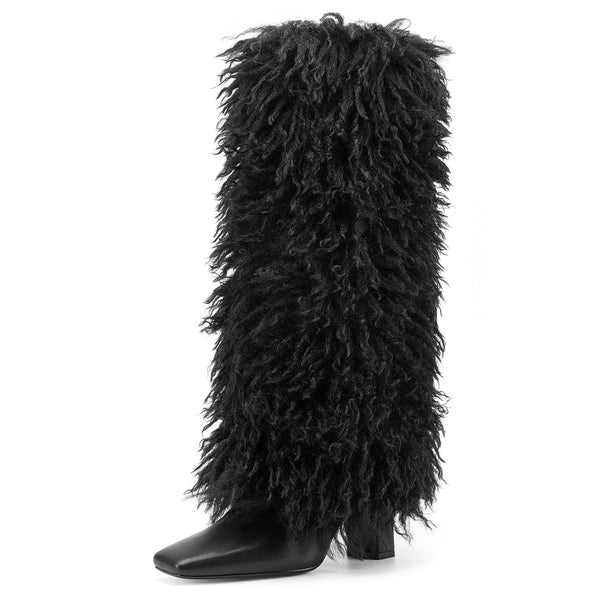 Aachool Women's Black Shaggy Fur Knee High Boots | Square Toe Block Heel Boots