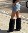 Aachool Women's Black Shaggy Fur Knee High Boots | Square Toe Block Heel Boots