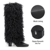 Aachool Women's Black Shaggy Fur Knee High Boots | Square Toe Block Heel Boots