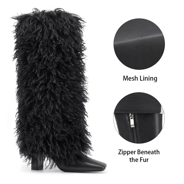 Aachool Women's Black Shaggy Fur Knee High Boots | Square Toe Block Heel Boots