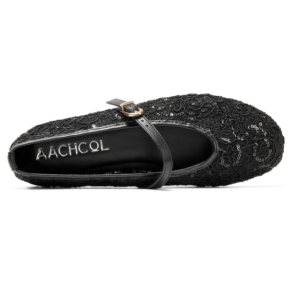 Aachcol Women's Lace Sequin Buckle Flats | Casual Elegant Dress Shoes