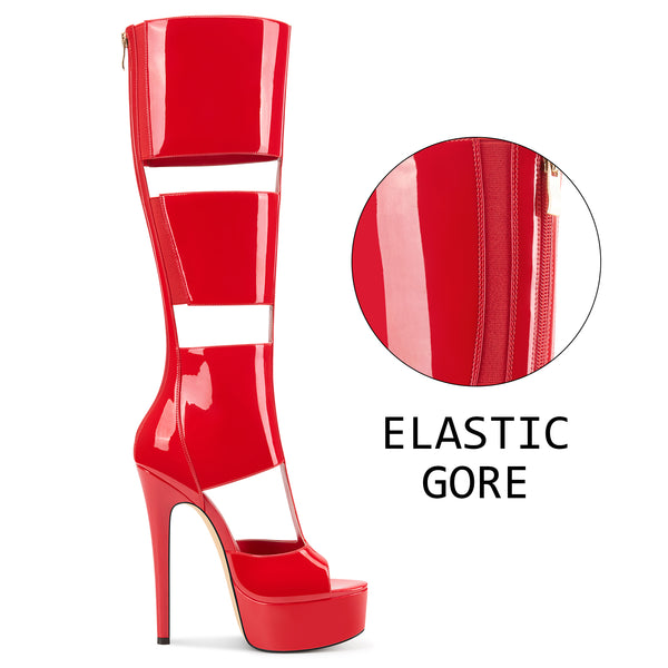 Aachool Women's Cut-Out Platform Stiletto Boots | Patent Leather Tall Heels