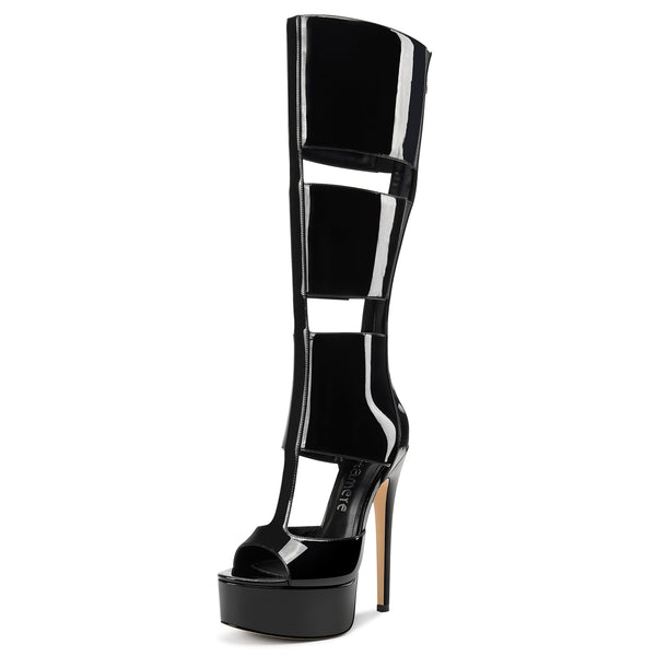 Aachool Women's Cut-Out Platform Stiletto Boots | Patent Leather Tall Heels