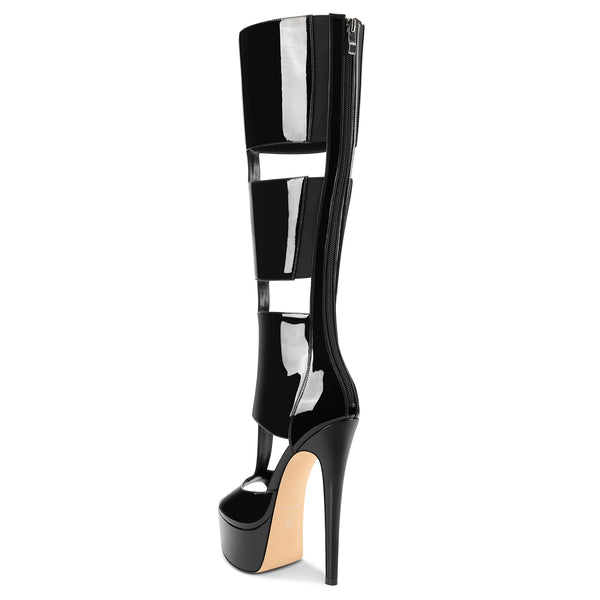 Aachool Women's Cut-Out Platform Stiletto Boots | Patent Leather Tall Heels