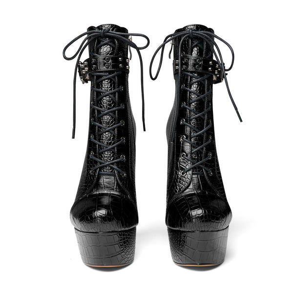 Crocodile Textured Ankle Boots with Zipper, Lace-up, and Ankle Straps – 2-inch Platform Bootie, 6-inch Heel Shoes