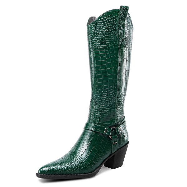Women Ladies Cowboy Boots for Women Western Cowgirl Boots Embroidered Pointed Toe Mid Calf Boots with Chunky Block Heel 6CM Heels