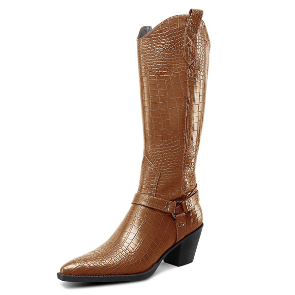 Women Ladies Cowboy Boots for Women Western Cowgirl Boots Embroidered Pointed Toe Mid Calf Boots with Chunky Block Heel 6CM Heels