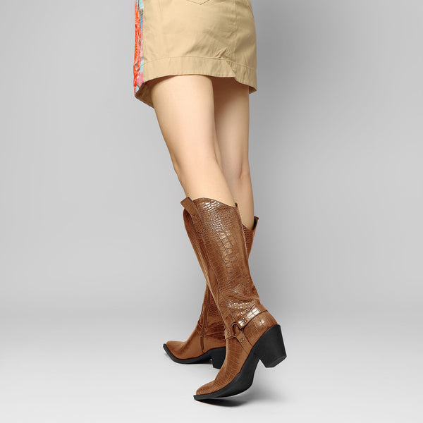 Women Ladies Cowboy Boots for Women Western Cowgirl Boots Embroidered Pointed Toe Mid Calf Boots with Chunky Block Heel 6CM Heels