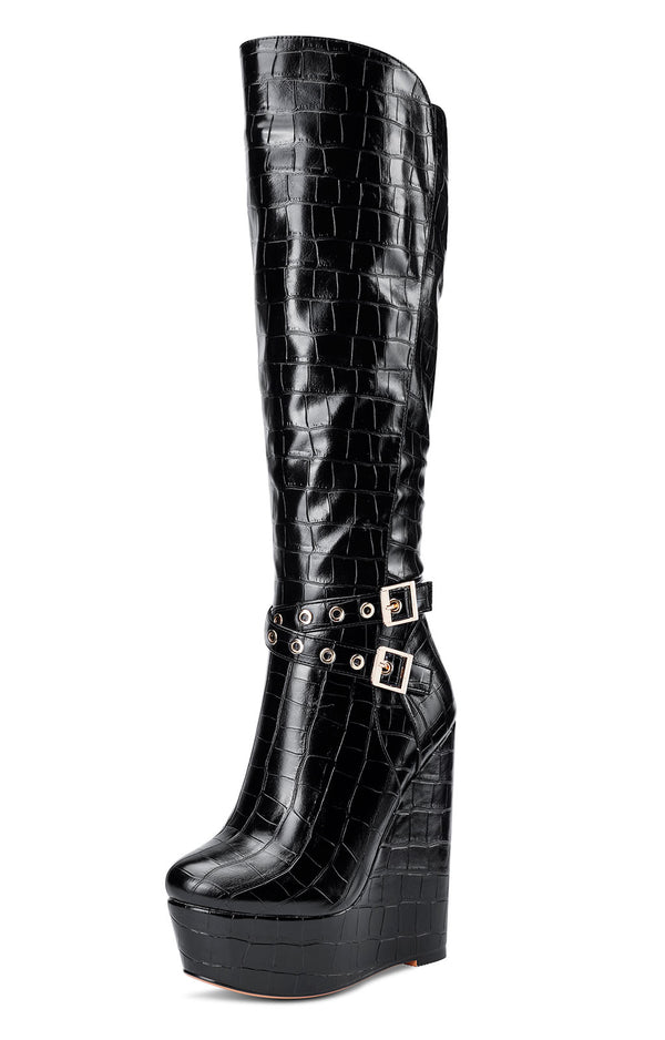 NobleOnly Women's High Heels Platform Wedge Mid Calf Boots Round Toe Boot with Zipper Basic Office Black Boot 6" Heel Shoes