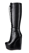 NobleOnly Women's High Heels Platform Wedge Mid Calf Boots Round-Toe Lace-Up Boot with Zipper Basic Office Boot 6" Heel Shoes