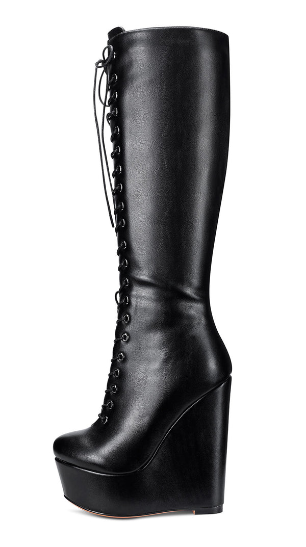 NobleOnly Women's High Heels Platform Wedge Mid Calf Boots Round-Toe Lace-Up Boot with Zipper Basic Office Boot 6" Heel Shoes