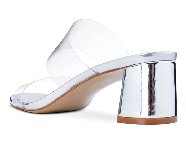 CASTAMERE Womens Chunky Block Mid Heels Sandals Slip On Transparent Ankle Strap Open Toe 5CM Heeled Silver Sandal
