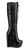 NobleOnly Women's High Heels Platform Wedge Mid Calf Boots Round-Toe Lace-Up Boot with Zipper Basic Office Boot 6" Heel Shoes