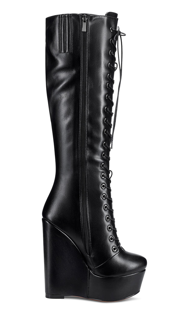 NobleOnly Women's High Heels Platform Wedge Mid Calf Boots Round-Toe Lace-Up Boot with Zipper Basic Office Boot 6" Heel Shoes