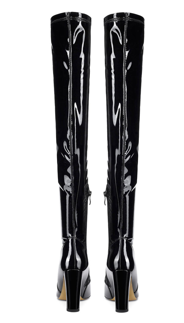 NobleOnly Women's High Heels Over Knee Boots Pointed-Toe Sexy Boot with Zipper Basic Office Boot 4" Chunky Heel Shoes