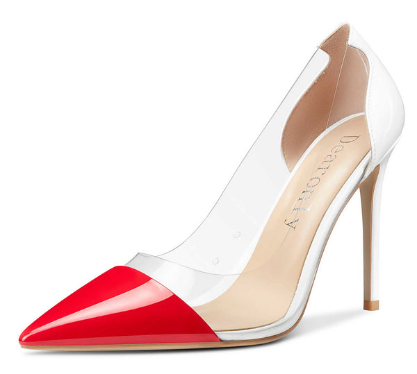 DearOnly Women's High Heels Transparent Clear Pumps Slip On Sexy Pointed Toe Stilettos 4" Inch Red Colorfull Patent Heel