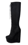 NobleOnly Women's High Heels Platform Wedge Mid Calf Boots Round-Toe Lace-Up Boot with Zipper Basic Office Boot 6" Heel Shoes