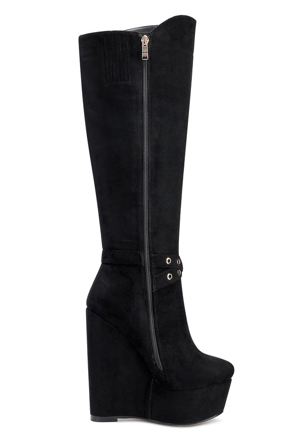 NobleOnly Women's High Heels Platform Wedge Mid Calf Boots Round Toe Boot with Zipper Basic Office Black Boot 6" Heel Shoes