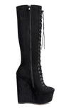 NobleOnly Women's High Heels Platform Wedge Mid Calf Boots Round-Toe Lace-Up Boot with Zipper Basic Office Boot 6" Heel Shoes