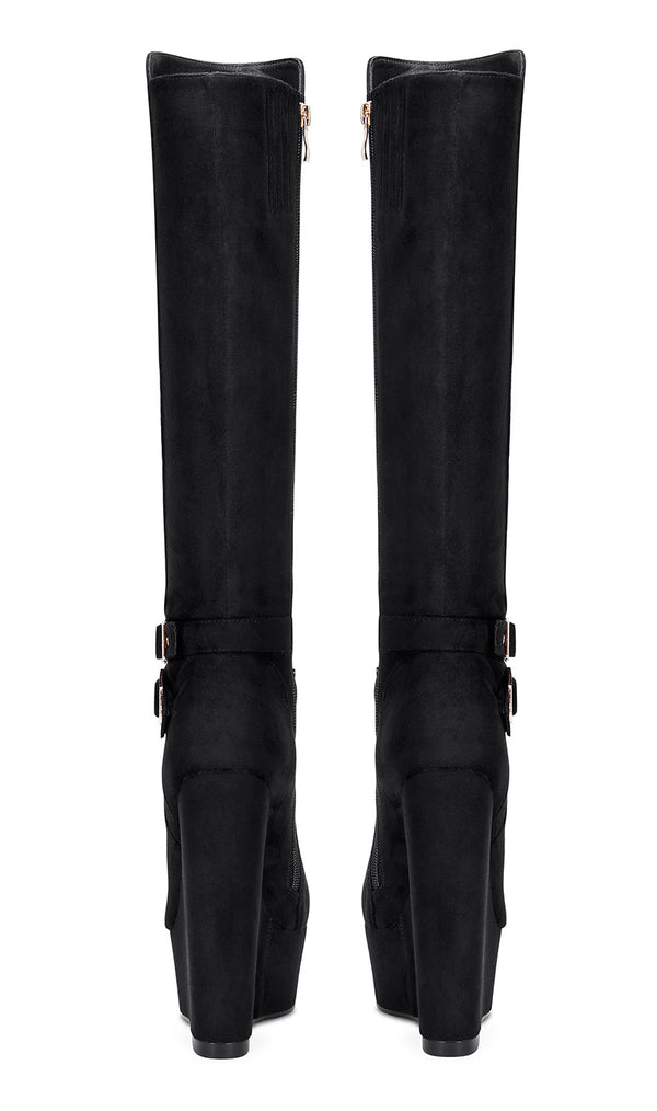 NobleOnly Women's High Heels Platform Wedge Mid Calf Boots Round Toe Boot with Zipper Basic Office Black Boot 6" Heel Shoes