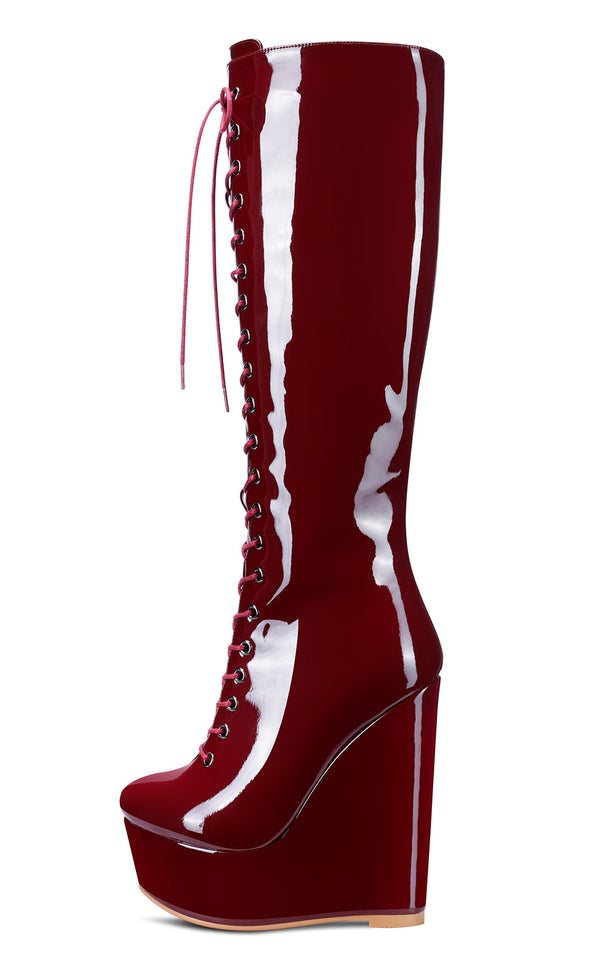 NobleOnly Women's High Heels Platform Wedge Mid Calf Boots Round-Toe Lace-Up Boot with Zipper Basic Office Boot 6" Heel Shoes