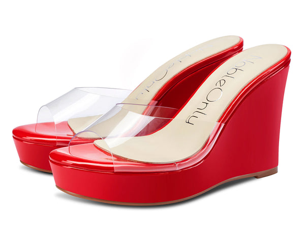 NobleOnly Womens High Heels Platform Wedge Sandals Clear Transparent Comfortable Slippers Leather Lining Slip-on Office Shoes 10CM Heel