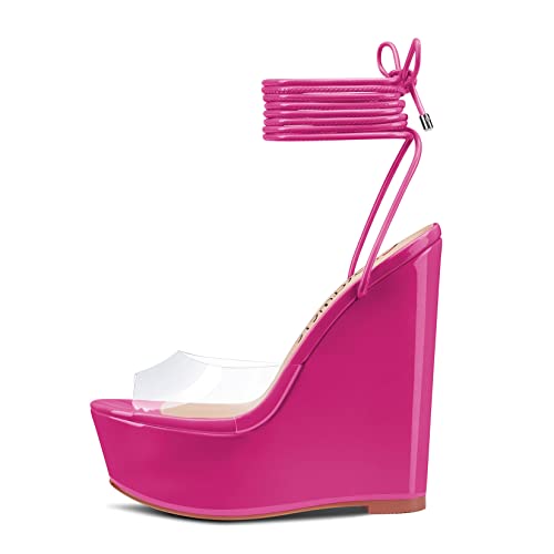 Castamere Womens High Wedge Platform Heel Peep Open Toe Ankle Strap Sandals Lace Wedding Clear Dress Shoes 5.9 Inches Heels Magenta Peach Red
