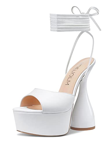 HDEUOLM Women High Heels Platform Ankle Strap Sandals Open Toe 6 Inch Chunky Heel Clear Heeled Plus Size Shoes White Patent