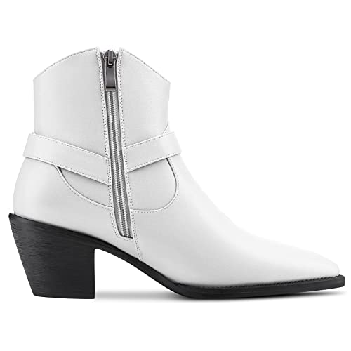 Aachcol Women Ankle Boots Short Bootie Square Toe Low Kitten Chunky Block Heel Western Cowboy Cowgirl Matte Zipper Dress Shoes White 2.5 Inch