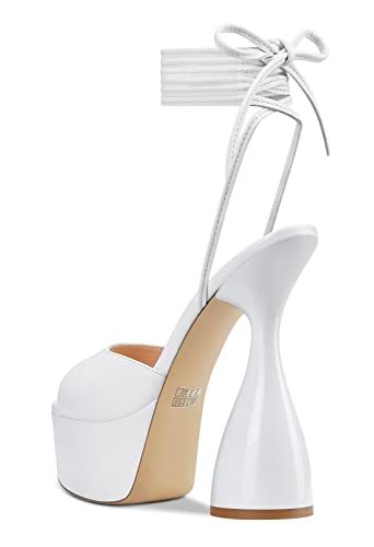 HDEUOLM Women High Heels Platform Ankle Strap Sandals Open Toe 6 Inch Chunky Heel Clear Heeled Plus Size Shoes White Patent
