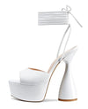 HDEUOLM Women High Heels Platform Ankle Strap Sandals Open Toe 6 Inch Chunky Heel Clear Heeled Plus Size Shoes White Patent