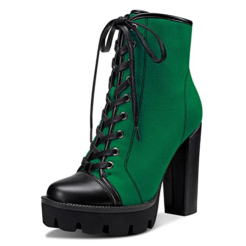 Aachcol Women Platform Boots Chunky Block High Heel Close Round Toe Shoes Lace-up Classic 5 Inch Green