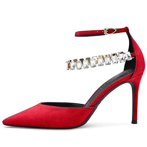 Aachcol Women Sexy Ankle Strap Stiletto High Heel Pumps Pointed Toe Dress Shoes Party Wedding Suede Red 3 Inch