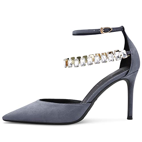 Aachcol Women Sexy Ankle Strap Stiletto High Heel Pumps Pointed Toe Dress Shoes Party Wedding Suede Grey 3 Inch