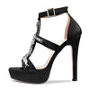 Aachcol Women Platform Stiletto High Heel Roman Sandals Ankle Strap Slingback Round Peep Open Toe Dress Shoes Office Party Wedding Satin 5 Inch, Black