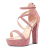 Aachcol Women Platform Sandals Peep Open Toe Ankle Strap Chunky Block High Heel Dress Shoes Pumps Wedding Suede Pink 5 Inch