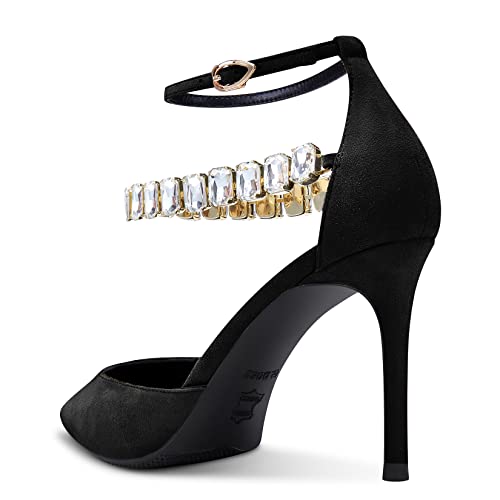 Aachcol Women Sexy Ankle Strap Stiletto High Heel Pumps Pointed Toe Dress Shoes Party Wedding Suede Black 3 Inch