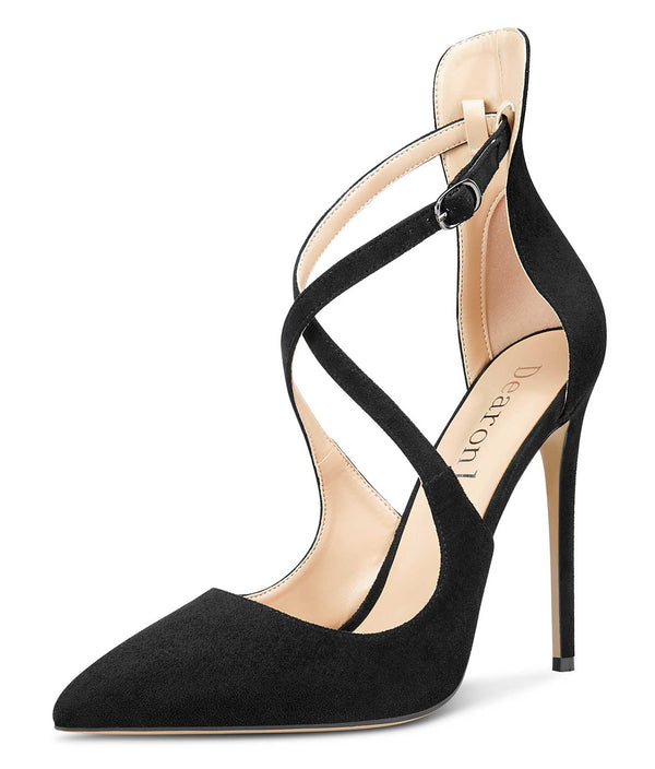 DearOnly Women's High Heels Cross Ankle Strap Pumps Pointed Toe 4.7" Inch Suede Heel Buckle