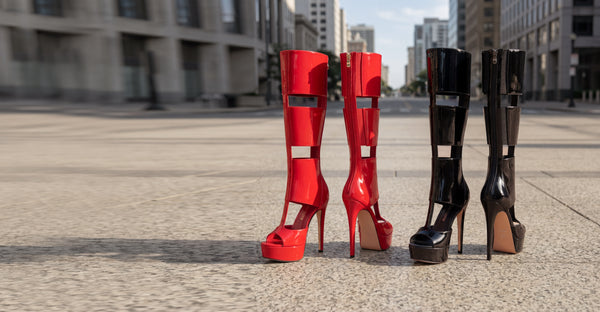 Aachool Women's Cut-Out Platform Stiletto Boots | Patent Leather Tall Heels