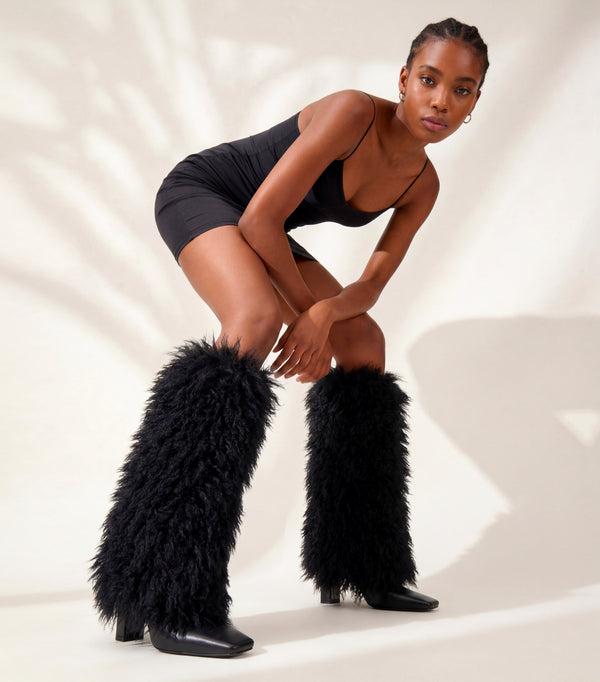 Aachool Women's Black Shaggy Fur Knee High Boots | Square Toe Block Heel Boots