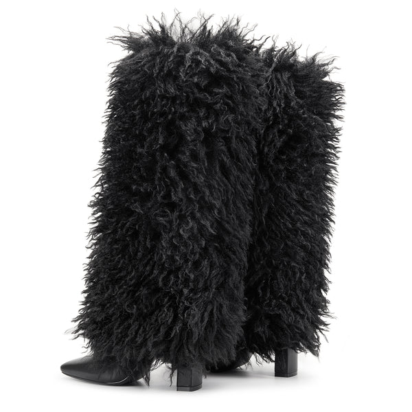 Aachool Women's Black Shaggy Fur Knee High Boots | Square Toe Block Heel Boots