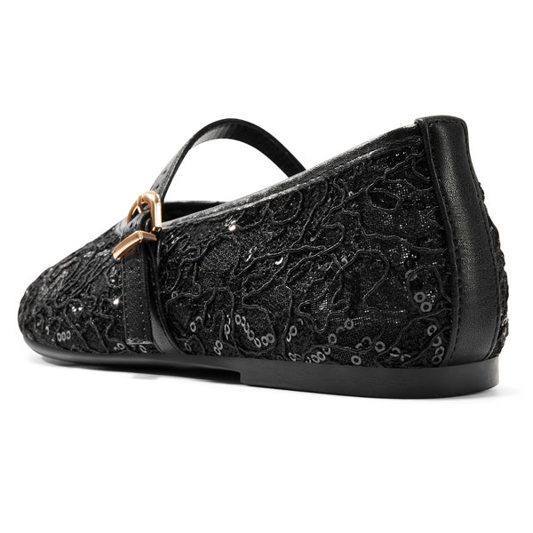 Aachcol Women's Lace Sequin Buckle Flats | Casual Elegant Dress Shoes