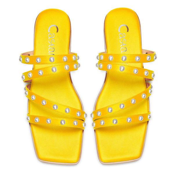Pearl Strappy Flat Sandals Square-Toe Classic Sexy Shoes Slip-on Flat-Shoes