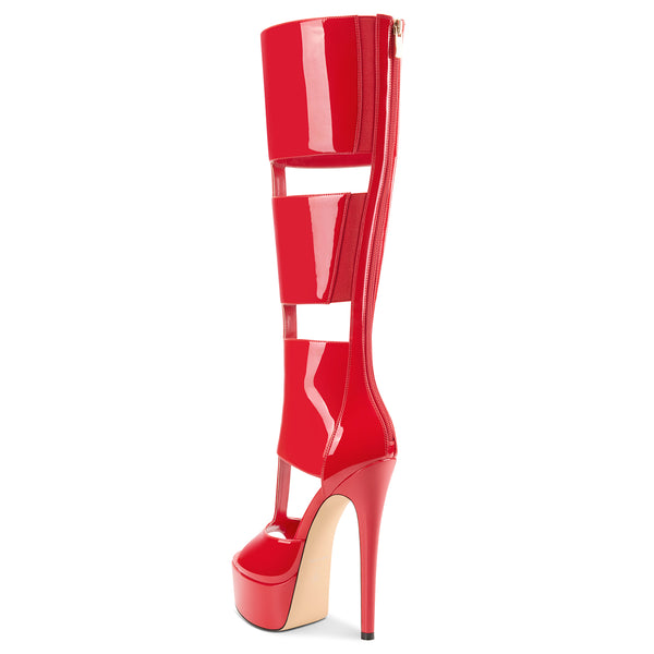 Aachool Women's Cut-Out Platform Stiletto Boots | Patent Leather Tall Heels