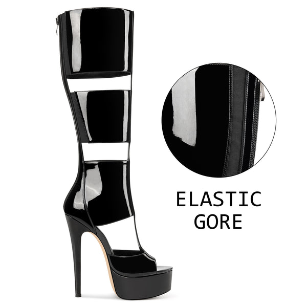 Aachool Women's Cut-Out Platform Stiletto Boots | Patent Leather Tall Heels