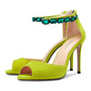 Ladies High Heels Stiletto Pumps Ankle-Strap with Gemstone Peep-toe Sandals Suede 4 Inches Heel