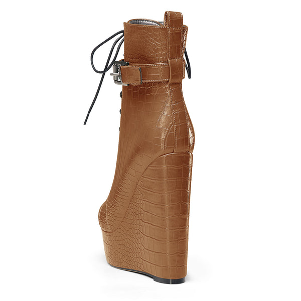 Crocodile Textured Ankle Boots with Zipper, Lace-up, and Ankle Straps – 2-inch Platform Bootie, 6-inch Heel Shoes