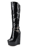 NobleOnly Women's High Heels Platform Wedge Mid Calf Boots Round Toe Boot with Zipper Basic Office Black Boot 6" Heel Shoes