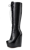 NobleOnly Women's High Heels Platform Wedge Mid Calf Boots Round-Toe Lace-Up Boot with Zipper Basic Office Boot 6" Heel Shoes